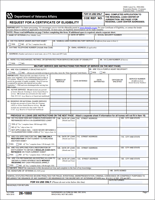 VA Certificate of eligibility request form