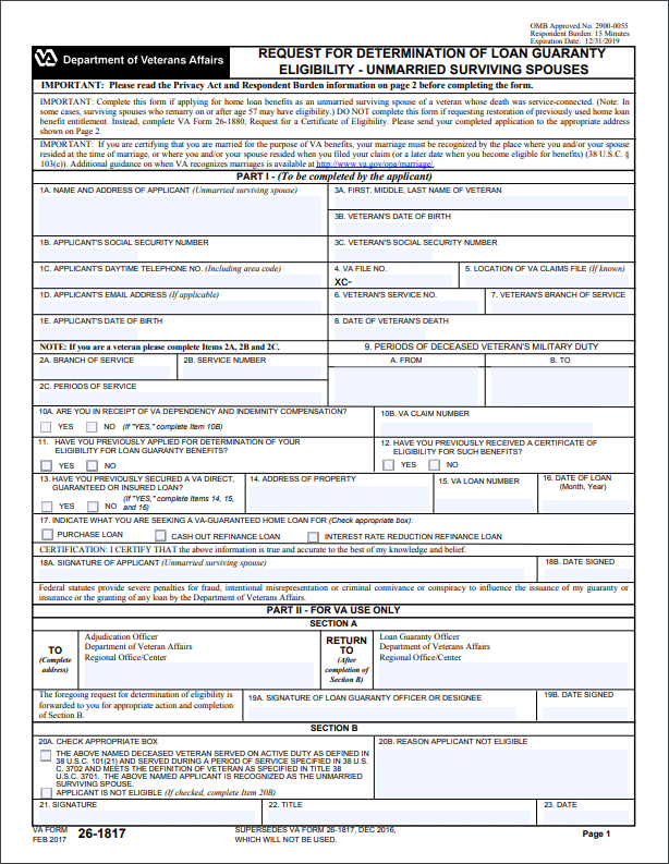 VA Form 26-1817 - spousal request for VA Eligibility page 1